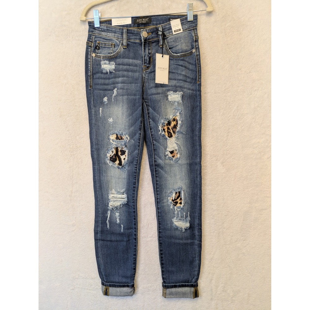 Judy Blue Jeans Juniors Size 1/25 Mid Rise‎ Skinny Jeans Leopard Patch